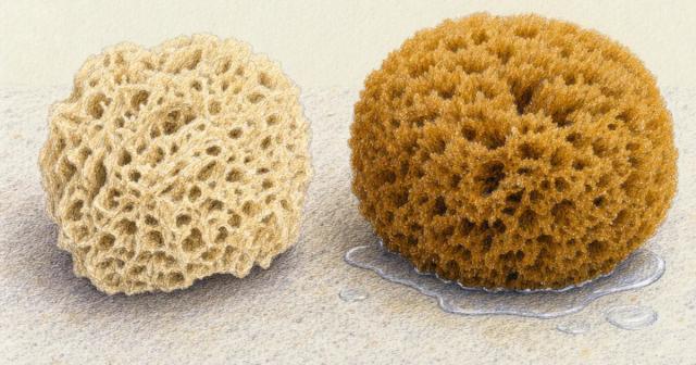Two sponges side by side, one shrunken and dry, one plump and damp on a stone counter