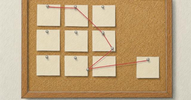 Blank paper squares pinned to a cork board with red thread narrowing toward one