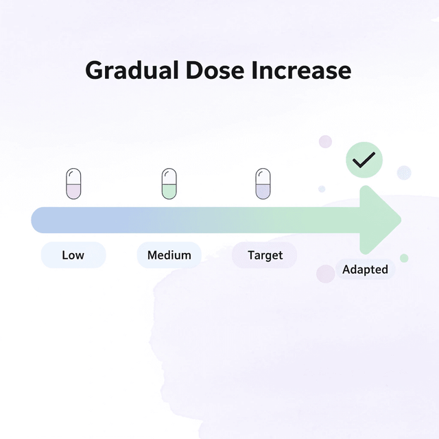 Progressive arrow showing gradual dose increase from low to target with adaptation