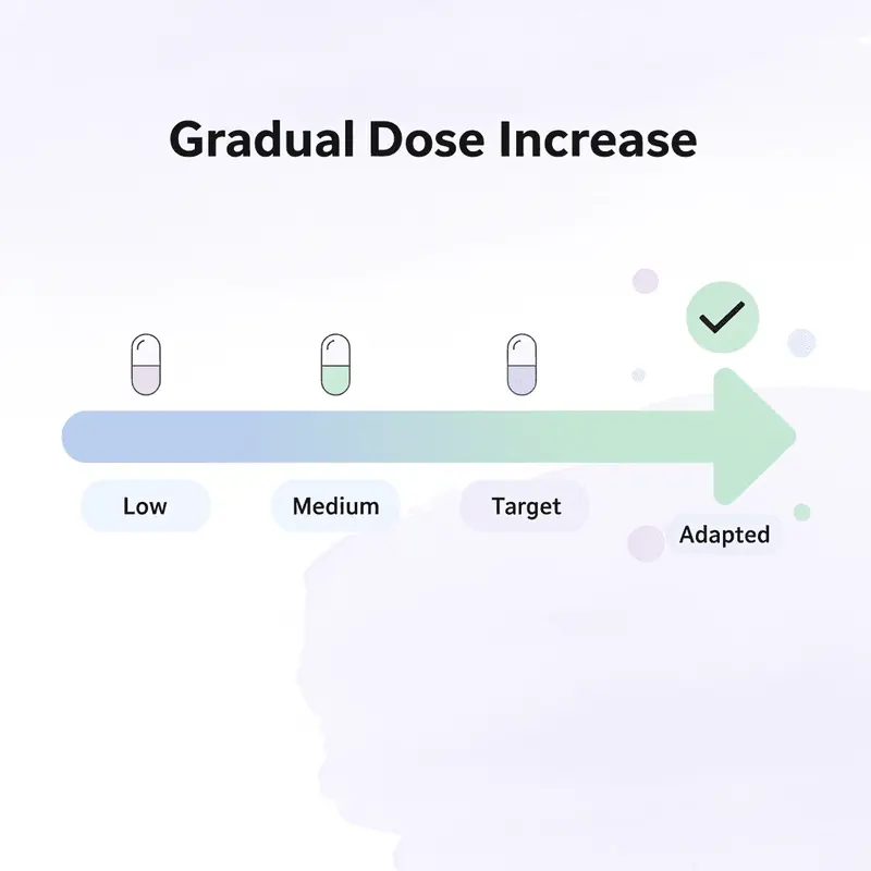 Progressive arrow showing gradual dose increase from low to target with adaptation