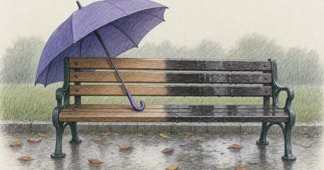 Open umbrella propped over one half of a park bench, the other half rain-soaked