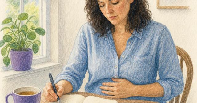 Woman at a sunlit cafe table, hand on her abdomen, pausing over an open notebook