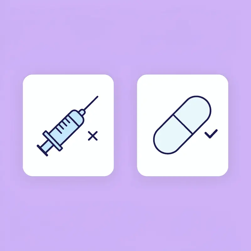 Comparison showing injectable needle crossed out on left, oral pill with checkmark on right