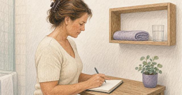 Person writing a short list on a notepad at a table beside a bare bathroom shelf