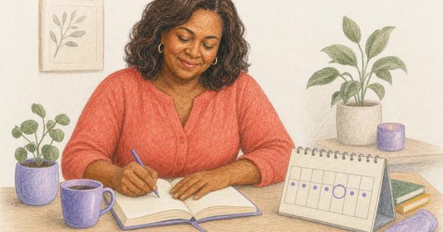 Open journal and calendar with a few days marked by small dots