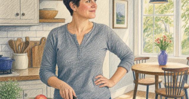 Woman pausing while slicing fruit at a sunlit kitchen counter beside a breakfast nook