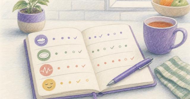 An open tracking notebook with four rows of marks and a pen resting
