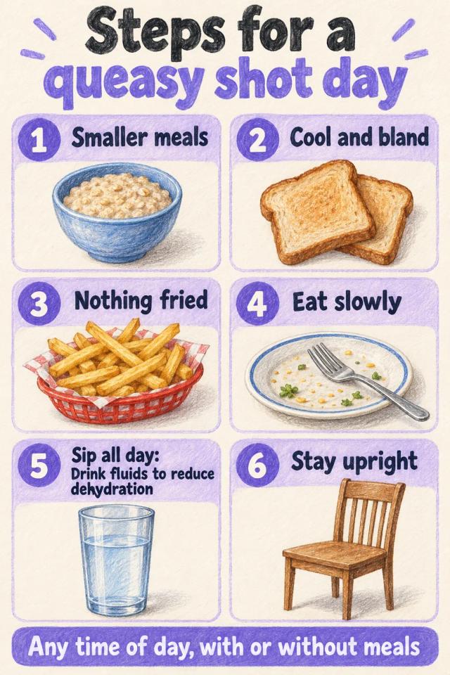 Six ordered steps for a nauseous injection day, from smaller meals to staying upright after eating.