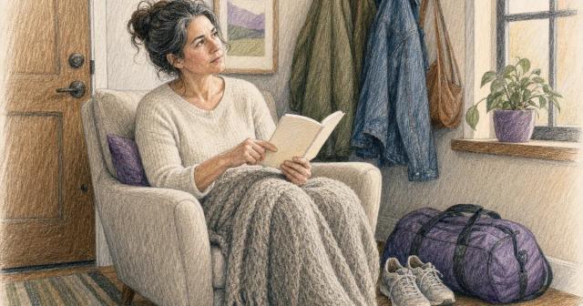Person pauses mid-page in an armchair beside a packed gym bag in an entryway