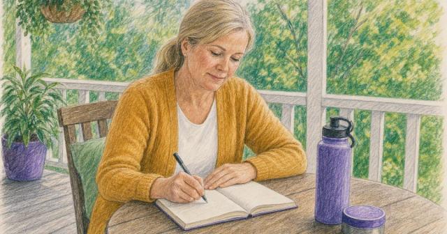 A person writing in a blank notebook at a small porch table beside a water bottle and snack tin