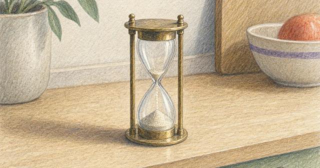Small sand timer on a wooden counter with sand running through its narrow neck
