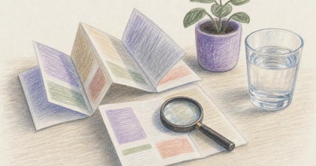 Folded paper leaflets fanned out with a magnifying glass and water glass