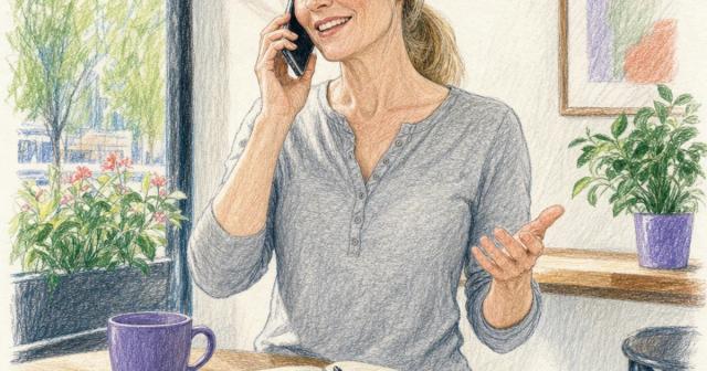 Person standing at a sunny cafe table talking warmly on the phone.