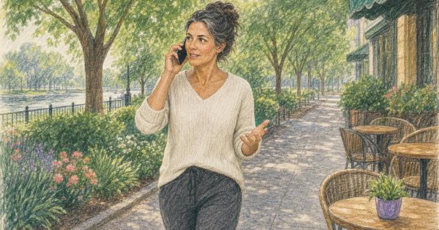 Woman walking on a park path past a sunlit cafe terrace while talking on her phone