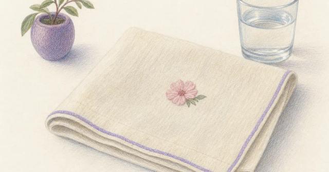 A small faint pink mark contained on smooth cream linen