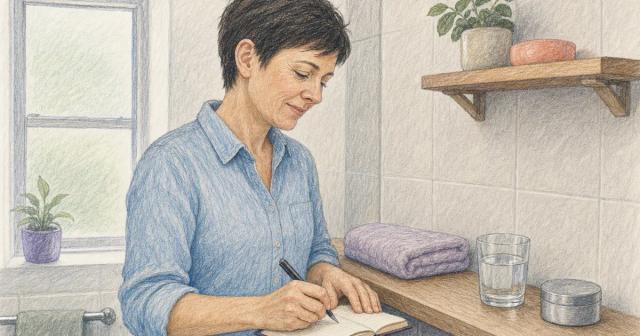 Person writing in a small notebook at a table beside a spare bathroom shelf