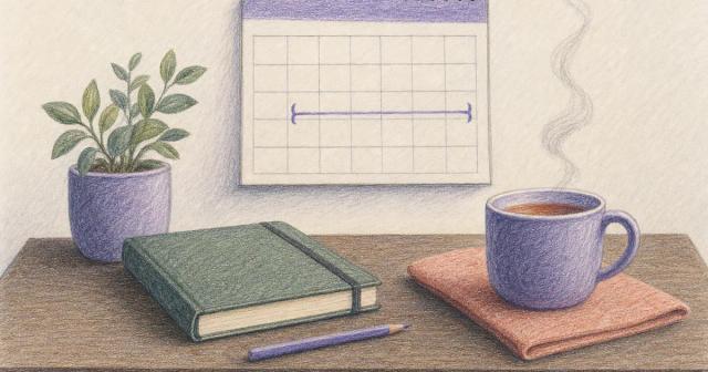 Wall calendar with weeks marked and a steaming tea cup in quiet light
