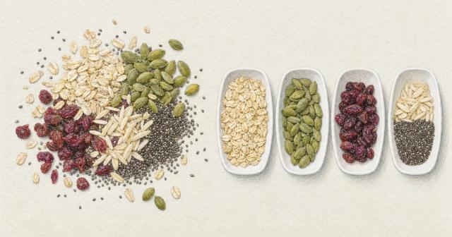 Spilled heap of ingredients beside the same ingredients portioned into small dishes