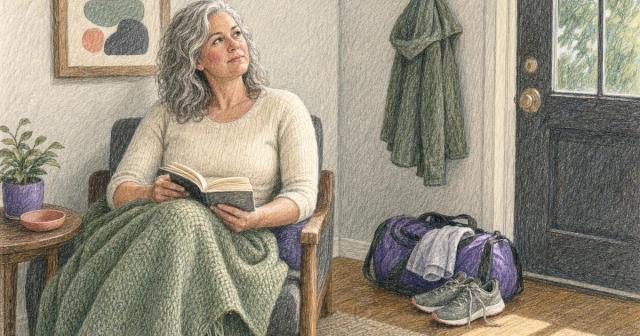Person pausing over a book in an armchair beside a packed gym bag by the door