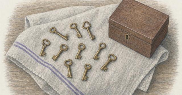 Ten small brass keys scattered on linen cloth beside a plain closed wooden box
