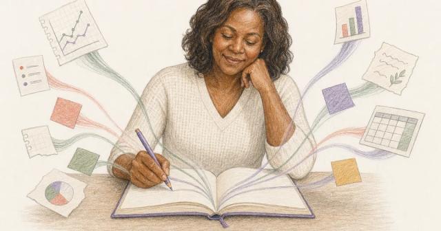 Scattered loose notes flowing and merging into one open journal.