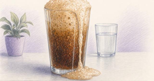 A fizzy drink overflowing its glass beside a calm glass of water