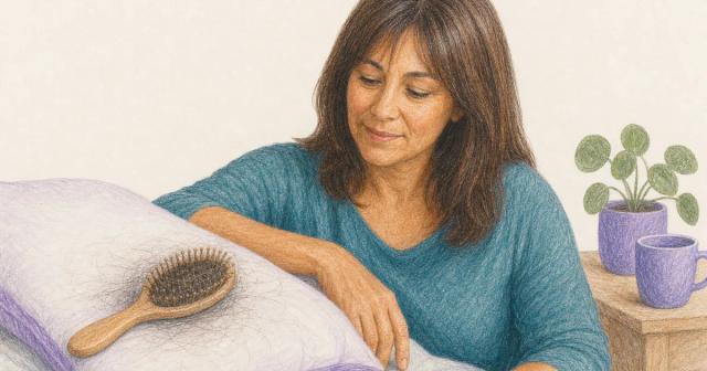 Hairbrush on a pillow with loose strands scattered evenly across it