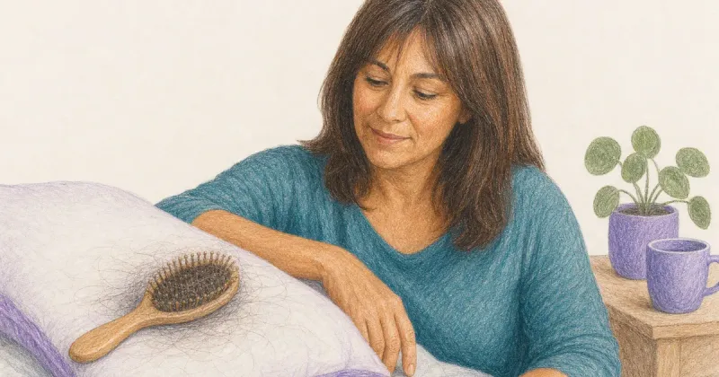 Hairbrush on a pillow with loose strands scattered evenly across it