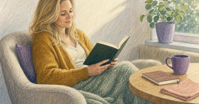 Woman reading a book in an armchair with a blanket at a sunlit breakfast nook table