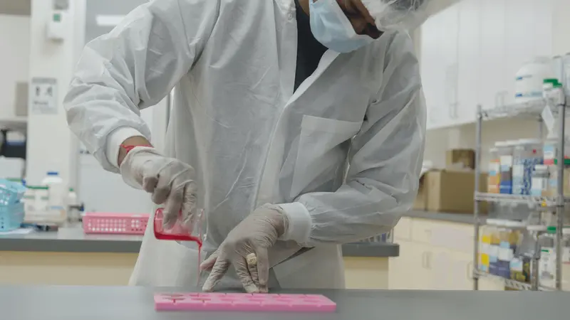 Technician pouring red liquid into mold - 503a vs 503b