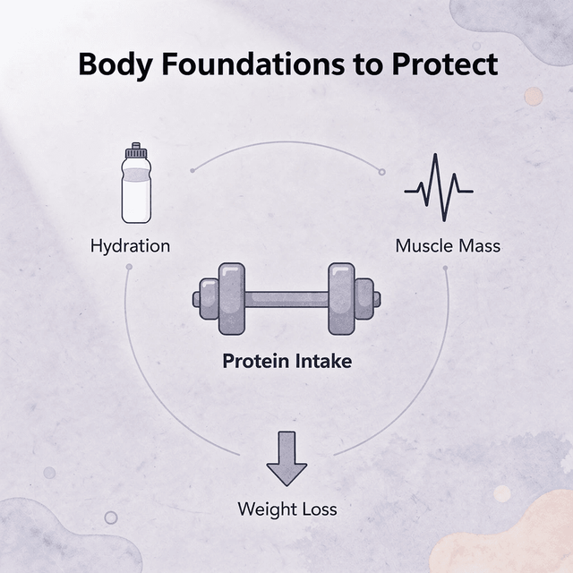 Hub and spoke diagram showing the body foundations that support GLP-1 weight loss outcomes