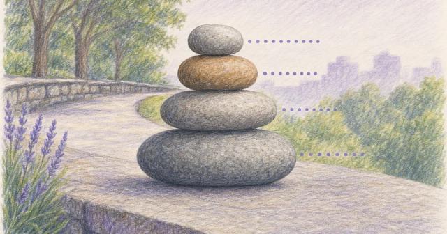 Cairn of four stacked stones increasing in size with a marker per tier