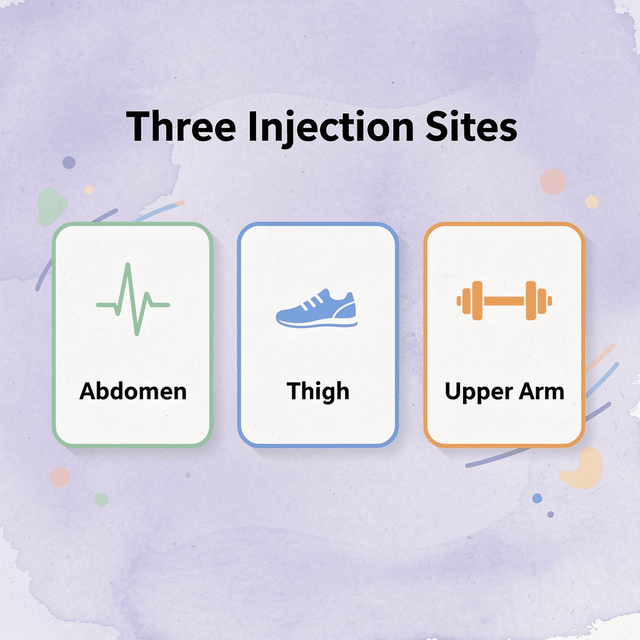 Infographic showing the three Zepbound injection sites: abdomen, thigh, and upper arm