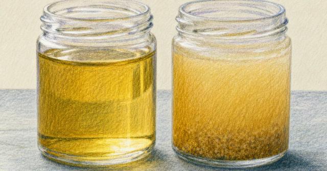 Two glass jars side by side, one with clear golden liquid, one cloudy with settled sediment