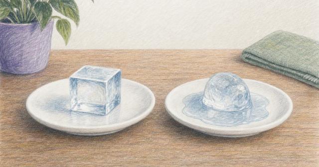 Two ice cubes on separate saucers, one still square and one melted into a puddle