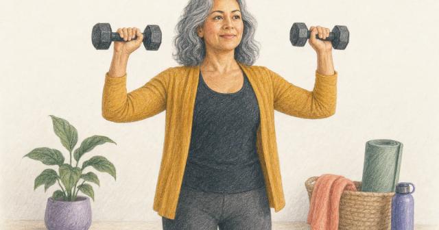 Woman lifting a dumbbell in each hand during a strength workout