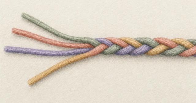 Four thin separate cords braided together into one thick rope on a wooden table