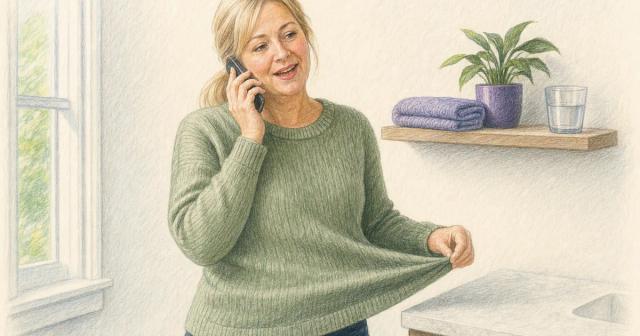 A person standing by a spare bathroom shelf, smiling while talking on a phone