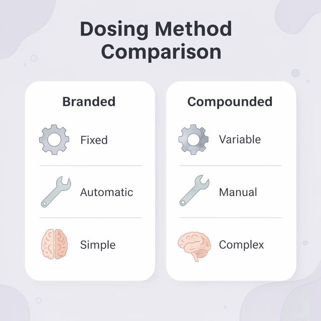 Comparison table showing differences between branded and compounded dosing methods