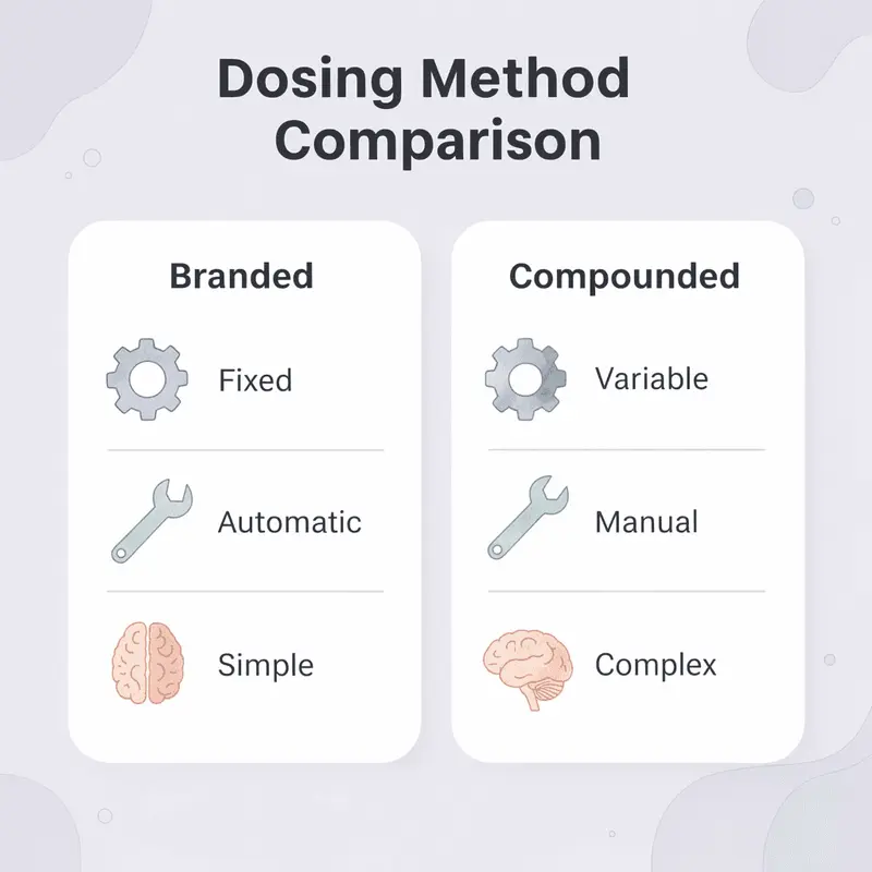 Comparison table showing differences between branded and compounded dosing methods