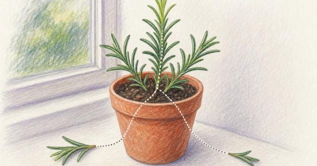 Potted rosemary with a green center shoot and two dropped outer leaves on a windowsill