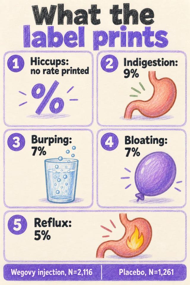 Chart showing printed label rates for indigestion, burping, bloating and reflux, and no rate printed for hiccups.
