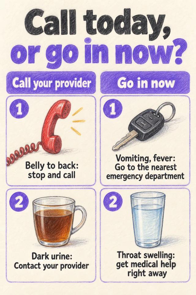 Two columns: signs that mean calling your provider, and signs that mean going in now.