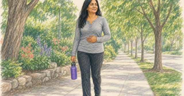 Woman walking a park path with one hand resting on her stomach