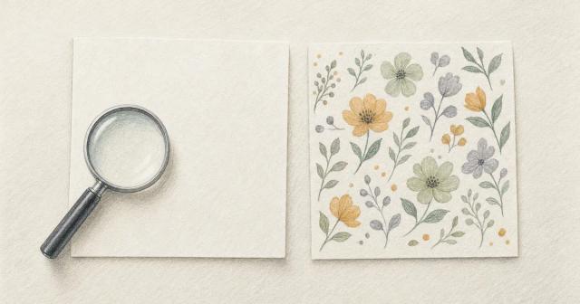 A blank paper square under a magnifier beside a paper square with soft colored blooms
