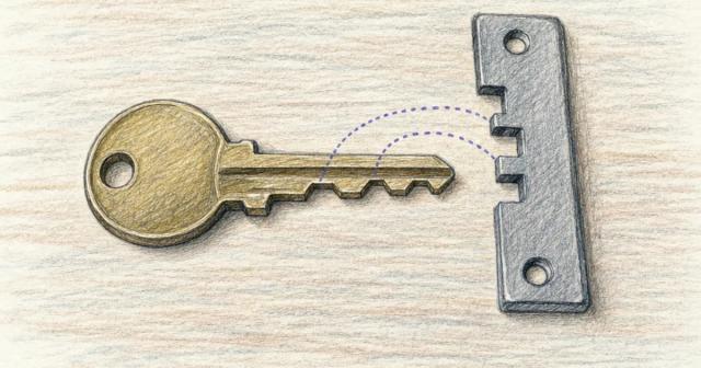 Brass key lying beside a lock plate with its cut teeth aligned to the matching notches