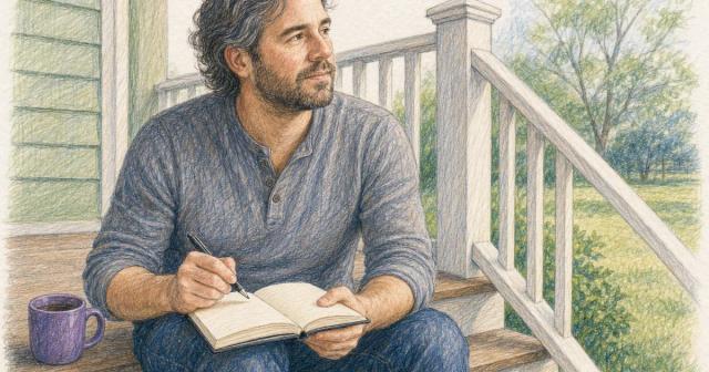 Man on porch steps with a mug, pen paused over an open notebook, looking away in thought
