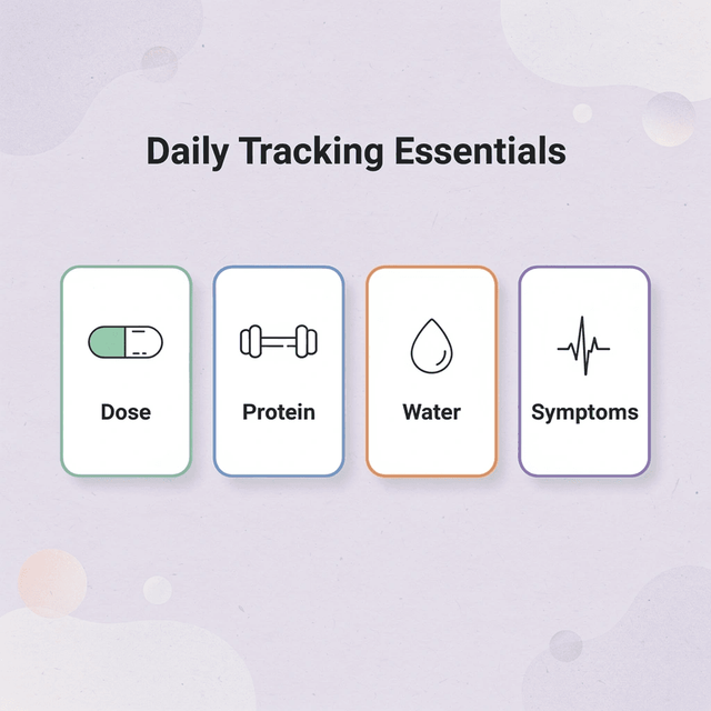 Four cards showing daily tracking essentials: dose, protein, water, and symptoms
