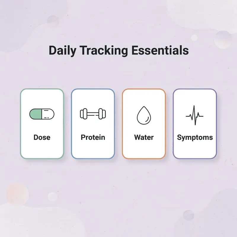 Four cards showing daily tracking essentials: dose, protein, water, and symptoms