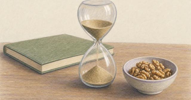 A glass sand timer mid-flow on a wooden table beside a closed notebook and a bowl of walnuts